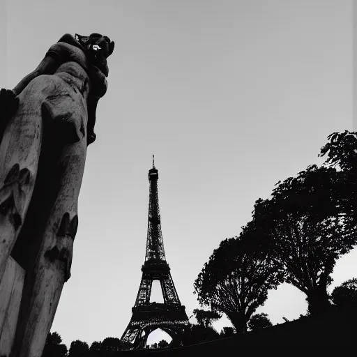 Image similar to a grainy black and white photograph of a rabbit posing in front of the eiffel tower