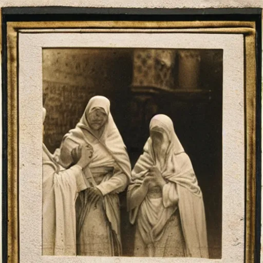 Prompt: photo of 3 women at the tomb of jesus by julia margaret cameron