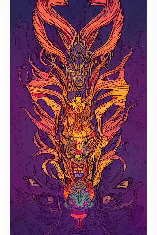 Image similar to totem animal tribal chaman vodoo mask feather gemstone plant wood rock video game illustration vivid color borderlands by josan gonzales and dan mumford radiating a glowing aura