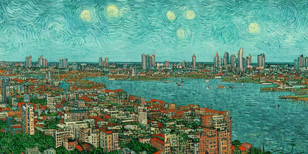 Prompt: panama city skyline by mc escher and van gogh, studio ghibli color scheme