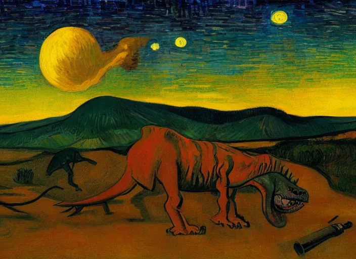 Image similar to painting of the extinction of the dinosaurs with asteroid and fire, in the style of edward hopper and vincent van gogh, dramatic lighting at dusk