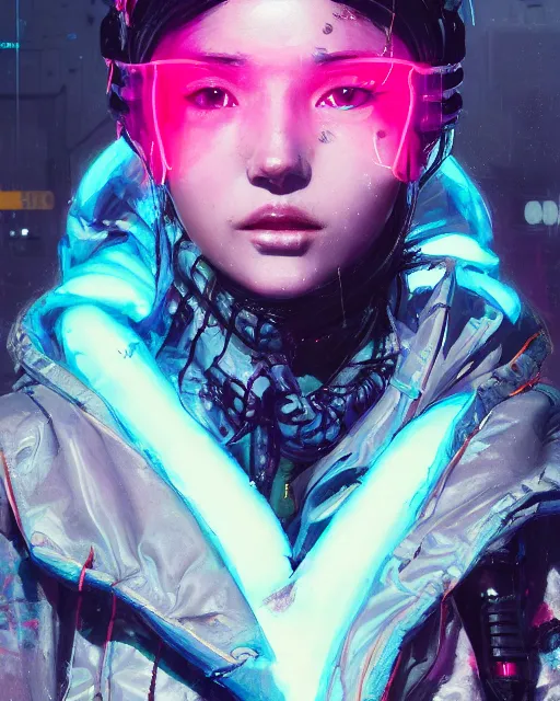 Image similar to detailed portrait Neon fighter Girl, cyberpunk futuristic neon, reflective puffy coat, decorated with traditional Japanese ornaments by Ismail inceoglu dragan bibin hans thoma greg rutkowski Alexandros Pyromallis Nekro Rene Maritte Illustrated, Perfect face, fine details, realistic shaded, fine-face, pretty face