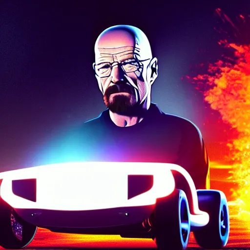 Image similar to Wide angle photo of walter white on a hoverboard with an exploding car behind him, color, cinematic lighting