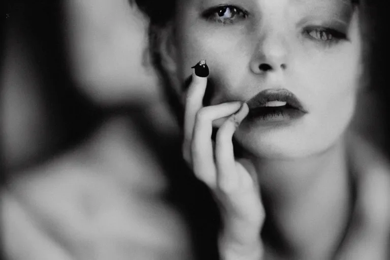 Image similar to close up, black and white portrait, beautiful white woman with bright blue eyes smoking, Peter Lindbergh, 35mm, film photo