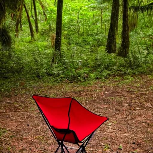 Prompt: a red camping chair in the middle of a dense jungle. the chair is far away from the camera.