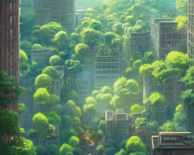 Image similar to a wholesome animation key shot of an overgrown New York covered in nature, overhead shot, wide shot, architecture, studio Ghibli, Pixar and Disney animation, sharp, very detailed, high resolution, inspired by Hayao Miyazaki, anime key art by Greg Rutkowski, Bloom, dramatic lighting