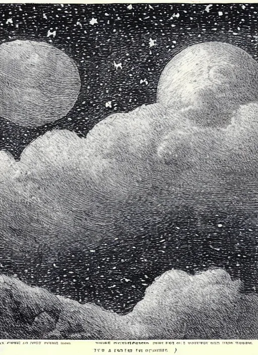 Image similar to night sky, stars, moon prominently in the center, surrounded by clouds, landscape, illustrated by peggy fortnum and beatrix potter and sir john tenniel