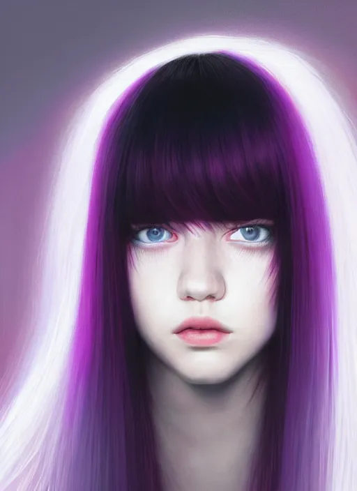 Image similar to hair whitebangs hair, black hair, whitebangs, portrait of teenage girl with white bangs, red irises, purple clothes, white bangs, bangs are different color from hair, intricate, elegant, glowing lights, highly detailed, digital painting, artstation, concept art, smooth, sharp focus, illustration, art by wlop, mars ravelo and greg rutkowski