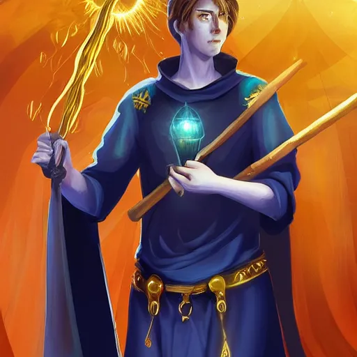 Image similar to A young well kept shaved mage with a blonde ponytail in a navy blue robe with gold accents, he holds a magical staff of light with a bright crystal, medieval fantasy, digital art, trending on artstation
