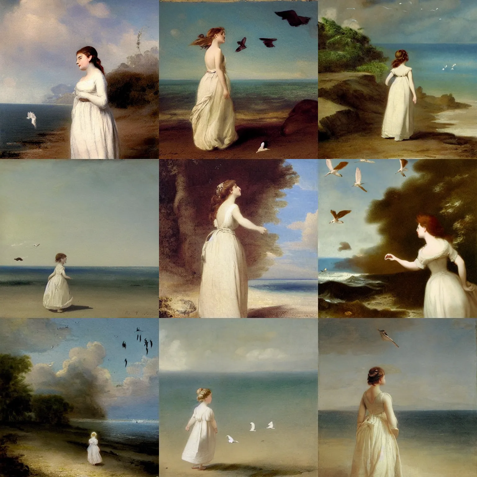 Prompt: A girl in deep thought strolling on the beach in a white gown, birds flying in the distance, a painting by Gustave Corbet