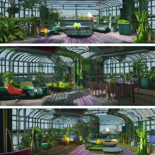 Image similar to interior concepts of solar punk futuristic greenhouse apartments in a tropical forest setting. vivid colors mixes with dusty moody lighting. architectural concepts inspired by dune 2 0 4 9, 8 k, photorealism