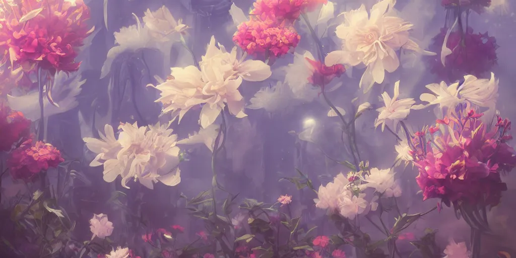 Prompt: retro painting of surreal waiim flowers, by ross tran, highly detailed, hyperrealism, excellent composition, cinematic concept art, dramatic lighting, trending on artstation