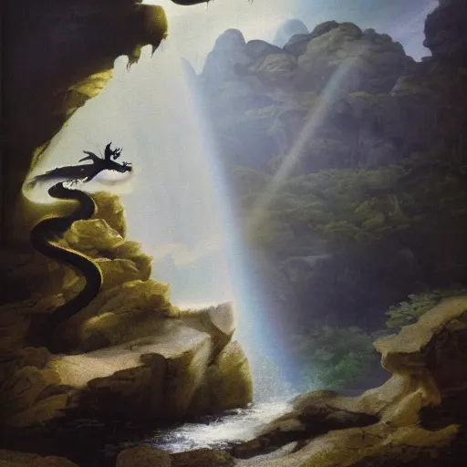 Image similar to oil painting of a dragon flying in the air near a cave with a waterfall in the center, light emanating from the waterfall leading to a big pool of water, dragon has black and white stripes, elegant, sharp focus, wide shot, clear, detailed, early renaissance