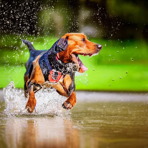 Image similar to Photorealistic photograph of a dog splashing in a puddle, photorealism, photorealistic, realism, real, highly detailed, ultra detailed, detailed, shutter speed 1/1000, 60mm Focal Length, Canon EOS 90D, Optical Camera, Wildlife Photographer of the Year, Pulitzer Prize for Photography, 8k