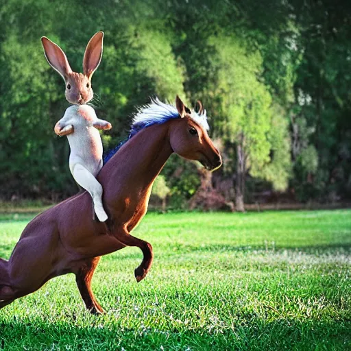 Prompt: rabbit riding horse, realistic photography