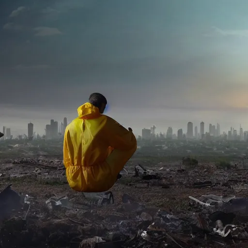 Image similar to a beautiful award-winning photo of the last man on Earth wearing a hazmat suit, sitting, serene idyllic post-nuclear background with a mushroom cloud on the horizon, a mirage of a skyline of a destroyed city, numerous fires, volumetric lighting, very high quality, extremely detailed, subtle visual noise, 8K