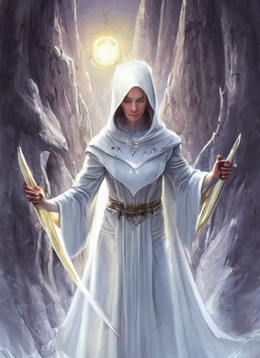 Image similar to female priest in white cloak, ultra detailed fantasy, dndbeyond, bright, colourful, realistic, dnd character portrait, full body, pathfinder, pinterest, art by ralph horsley, dnd, rpg, lotr game design fanart by concept art, behance hd, artstation, deviantart, hdr render in unreal engine 5
