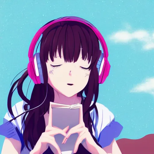 Image similar to girl listening to music at 1 am falling asleep, digital art, anime, kyoto animation key visual