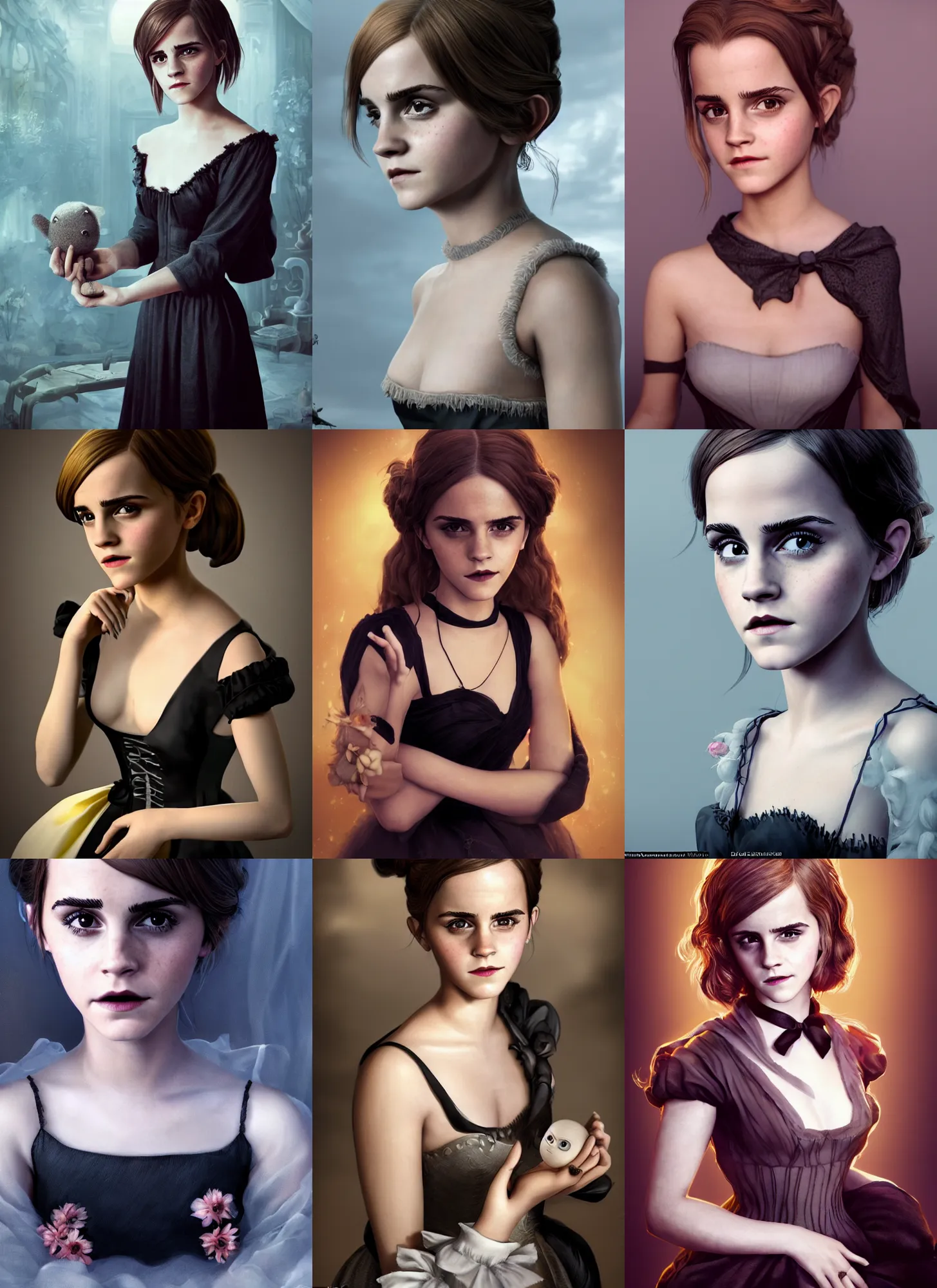 Prompt: very beautiful portrait of an extremely cute and adorable very beautiful emma watson dressed in a black nightgown, character design by mark ryden and pixar and hayao miyazaki, unreal 5, daz, hyperrealistic, octane render, cosplay, rpg portrait, dynamic lighting, intricate detail, fall vibrancy, cinematic