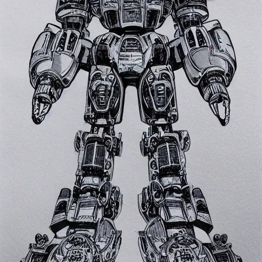 Prompt: an intricate ballpoint drawing of a giant anime robot with rounded and cicular parts