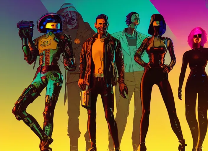 Image similar to cyberpunk heist crew. portrait by stonehouse and mœbius and will eisner and gil elvgren and pixar. character design. realistic proportions. dystopian. cyberpunk 2 0 7 7, apex, blade runner 2 0 4 9 concept art. cel shading. attractive face. thick lines. hi def 4 k. the team. detailed characters.