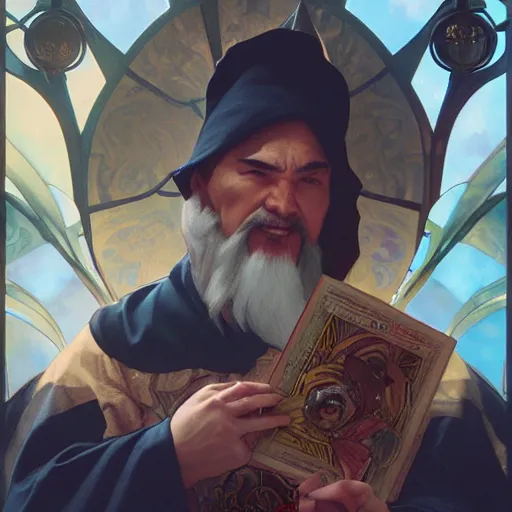 Image similar to nostradamus trying to guess what his birthday gift is, art by artgerm and greg rutkowski and alphonse mucha, concept art, octane render, unreal engine 5, highly detailed, high quality, 8 k, soft lighting, realistic face, path traced