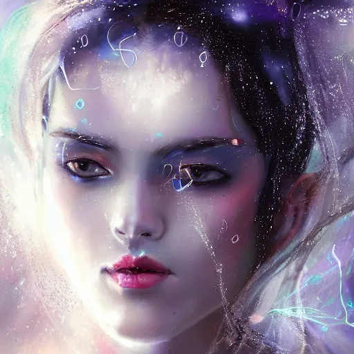 Image similar to masterpiece portrait of an aesthetic beautiful mage woman, ice spell, 3 0 years old woman, soft thin face, light eyes, black dynamic hair, wearing silver diadem with blue gems inlays, silver necklace, digital painting by wlop, atmospheric effects, chaotic blue sparks dynamics background, intricate, artstation, fantasy