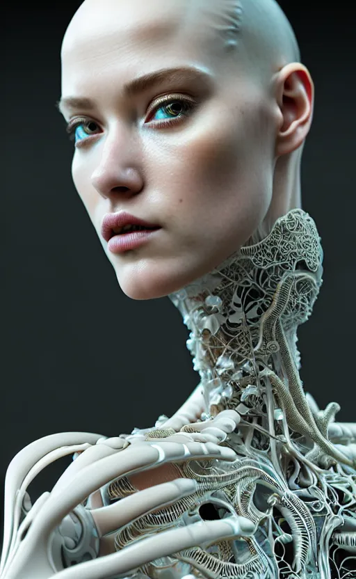 Prompt: intricate hyper detailed ultra sharp 3 d render of a beautiful smooth translucent porcelain seductive cyborg woman portrait, medium shot portrait, bright light, alexandre ferra mecha, haute couture cyberpunk art nouveau huge white fractal mycelum and fungi magnolia goliath head ornaments, big embroidered leaves filigree sinuous roots, octane render, volumetric cinematic lighting, 8 k, vray tracing