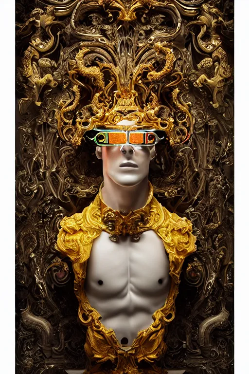 Prompt: full-body neon porcelain bladerunner and rococo style sculpture of a young handsome Cuban prince wearing VR Oculus glasses as a half android with a porcelain chest opening exposing circuitry and electric sparks, glowing laser beam eyes, crown of giant diamonds, flowing neon-colored silk, fabric, raptors. baroque elements. full-length view. baroque element. intricate artwork by caravaggio. many many birds birds on background. Trending on artstation, octane render, cinematic lighting from the right, hyper realism, octane render, 8k, depth of field, 3D