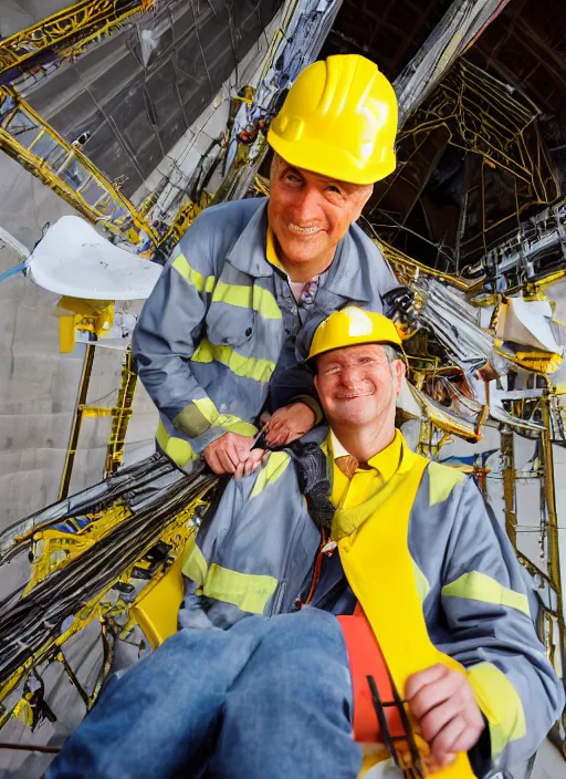 Image similar to closeup portrait of cheerful bryan operating a crane, sitting in a crane, yellow hardhat, sitting in a crane, natural light, bloom, detailed face, magazine, press, photo, steve mccurry, david lazar, canon, nikon, focus