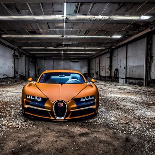 Image similar to an abandoned, derelict, rusty bugatti chiron in a dirty warehouse