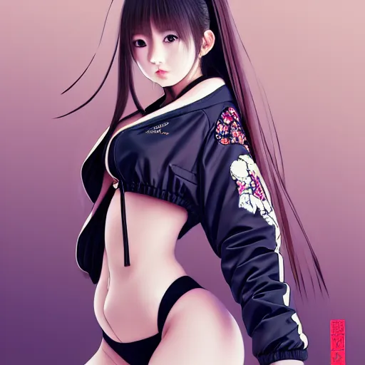 Image similar to a beautiful japanese lalisa alluring gravure model, wearing oversized designer bomber jacket and leotard, bulky poofy bomber jacket with mesoamerican patterns, mesoamerican native street fashion, gapmoe yandere grimdark, trending on pixiv fanbox, painted by greg rutkowski makoto shinkai takashi takeuchi studio ghibli, akihiko yoshida