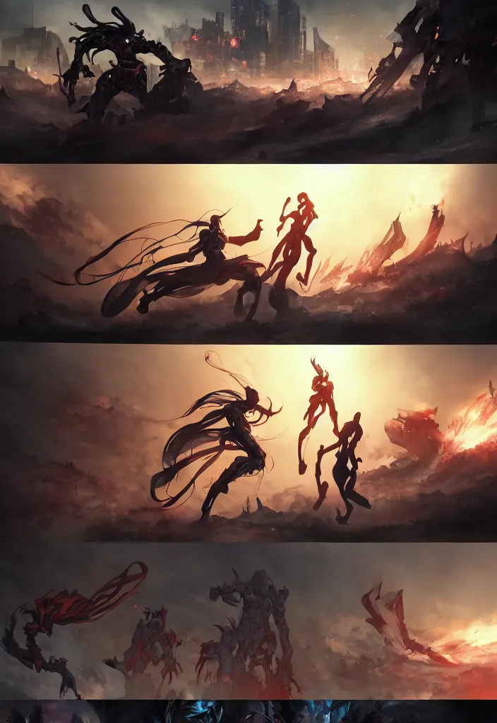 Image similar to Comic panel layout, battle between gigantic alien demon and a beautiful warrior woman, in post apocalyptic downtown Tokyo, by Krenz Cushart and Pan_Ren_Wei and Hongkun_st and Bo Chen and Steve Zheng and WLOP and Alex Chow and askziye, and Bukurote, and Ryota-H, Marvel comic style, amazing light and shadows, dapped light, dark fantasy, high detail, hyper realistic, trending on artstation