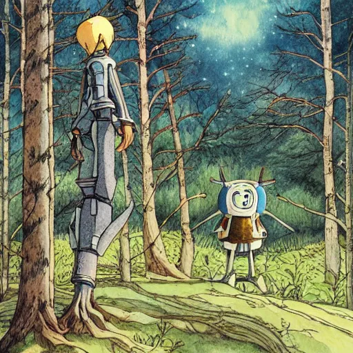 Prompt: laputa castle in the sky robot hayao miyazaki stands in a small clearing among trees, watercolor illustration for a book