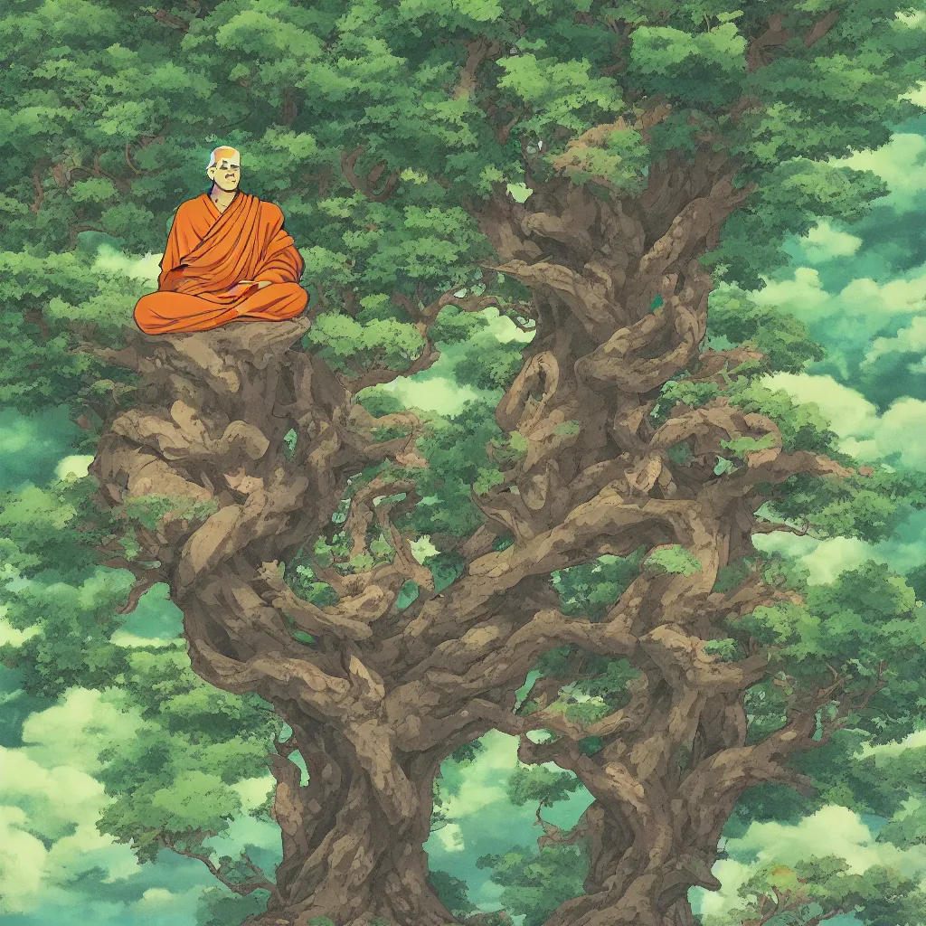 Prompt: Meditating Buddhist monk sat at the base of a large tree on top of a green hill artwork by studio Ghibli, highly detailed, masterpiece, trending on artstation, 4k, hyper detailed