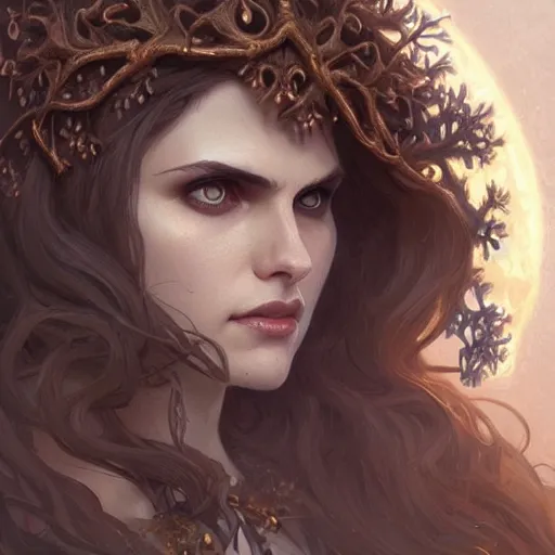 Image similar to beautiful druid witch maiden girl, Alexandra Daddario, intricate, elegant, highly detailed, digital painting, artstation, concept art, smooth, sharp focus, illustration, art by artgerm and greg rutkowski and alphonse mucha