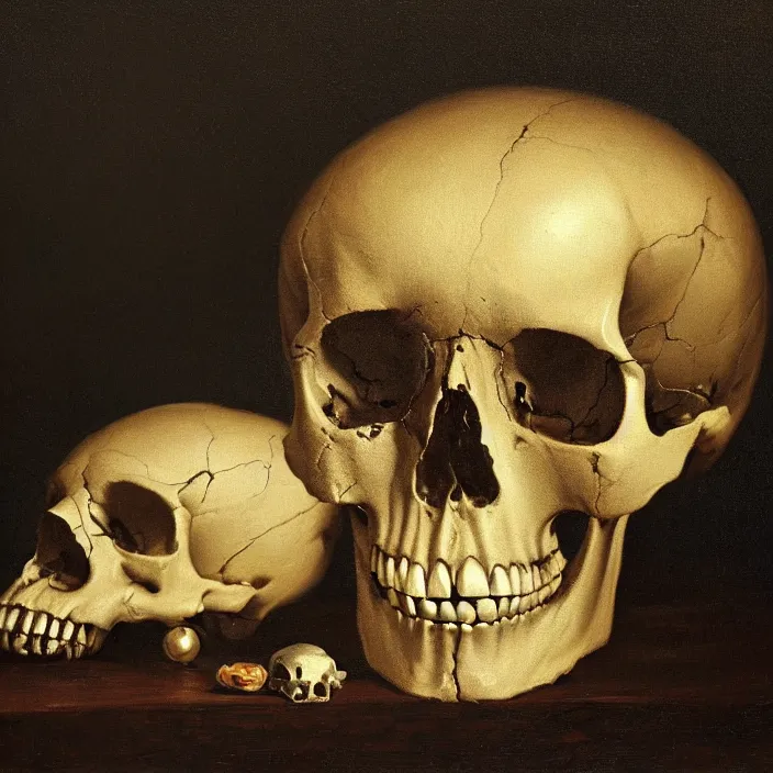 Prompt: still life painting of a skull with neon glowing crystal eyes, by pieter claesz, oil on canvas, strong lighting, highly detailed, hyper realism, golden hour, god rays, hd, 4 k