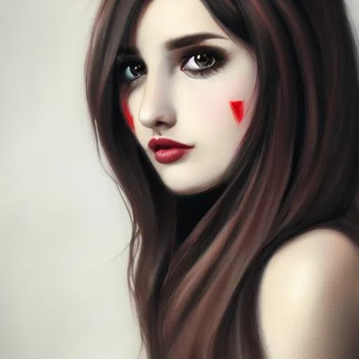 Prompt: a realistic illustration portrait of a beautiful cute girl with wavy black red hair, a pointy nose and, round chin black eyeliner, trending on artstation, intricate sift lighting, realistic