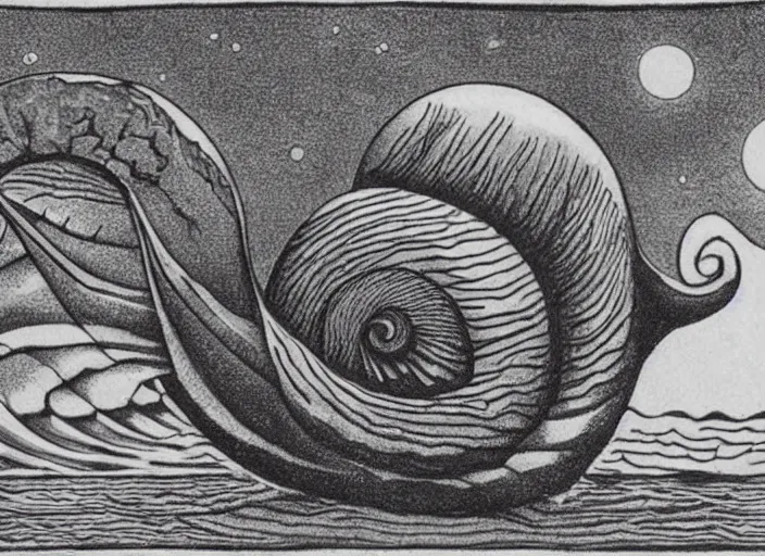 Image similar to a snail on the beach under the moon, by mc escher