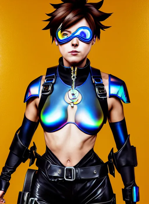 Image similar to oil painting digital artwork of tracer overwatch, confident pose, wearing black iridescent rainbow latex, 4 k, expressive happy smug expression, makeup, in style of mark arian, wearing leather collar, wearing sleek armor, black leather harness, expressive detailed face and eyes,