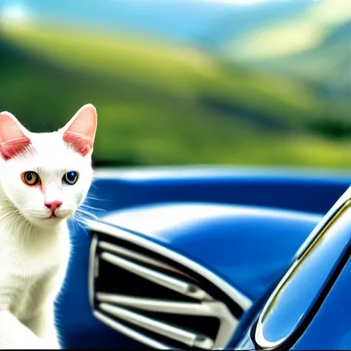 Prompt: a white cat with blue eyes driving a sport car, austria, film still, sound of music, 4 k, 8 k