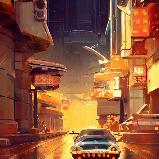 Prompt: detailed painting of a bladerunner street, majestic solemn ornaments and greek architecture, artstation, goro fujita, cinematic
