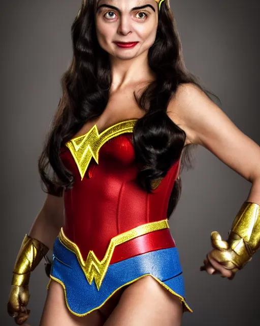 Prompt: A studio photo of Mr Bean as Wonder Woman, bokeh, 90mm, f/1.4 Shot in the Style of Mario Testino