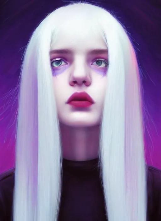 Image similar to hair whitebangs hair, black hair, whitebangs, portrait of teenage girl with white bangs, red irises, purple clothes, white bangs, bangs are different color from hair, intricate, elegant, glowing lights, highly detailed, digital painting, artstation, concept art, smooth, sharp focus, illustration, art by wlop, mars ravelo and greg rutkowski