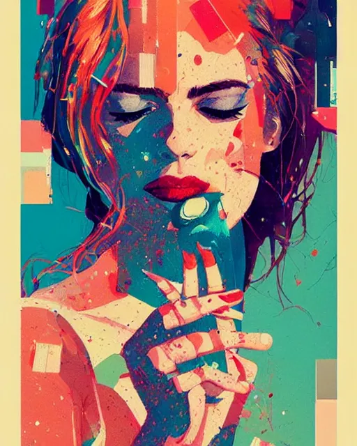 Image similar to an ultradetailed beautiful painting of a stylish woman with colorful band aids, concert poster, retro, conrad roset, greg rutkowski