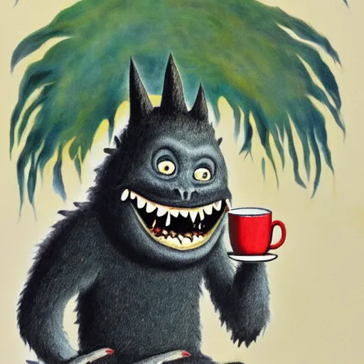 Prompt: painting of the monster from where the wild things are smiling and holding a beautiful cup of coffee