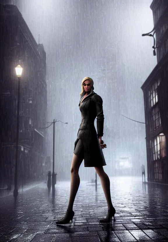 Image similar to cosmopolitan model annie leonhart posing with open toe heels in dunwall city, beautiful face, detailed face, cinematic lighting, rainy weather, melancholy atmosphere, volumetric light, octane render, gothic architecture, realistic reflections, octane render 8 k, model agency, instagram photo, depression and despair