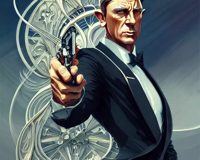 Image similar to James Bond, art nouveau, fantasy, intricate science designs, elegant, highly detailed, sharp focus, art by Artgerm and Greg Rutkowski and WLOP