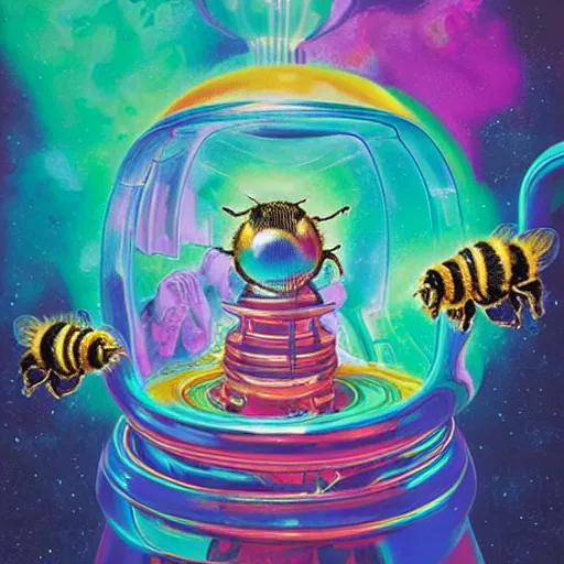 Image similar to jelly rococo gel beehive leaking plasma and colorful auras, liquid, drippy, splashing, scifi 3 d paint spray by beeple, rob gonsalves, jeff koons, jacek yerka, m. c. escher. bees