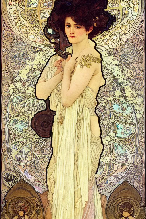 Prompt: full body of a beautiful woman wearing shining armor, fantasy, intricate, elegant, D&D, painted by alphonse mucha and edgar maxence